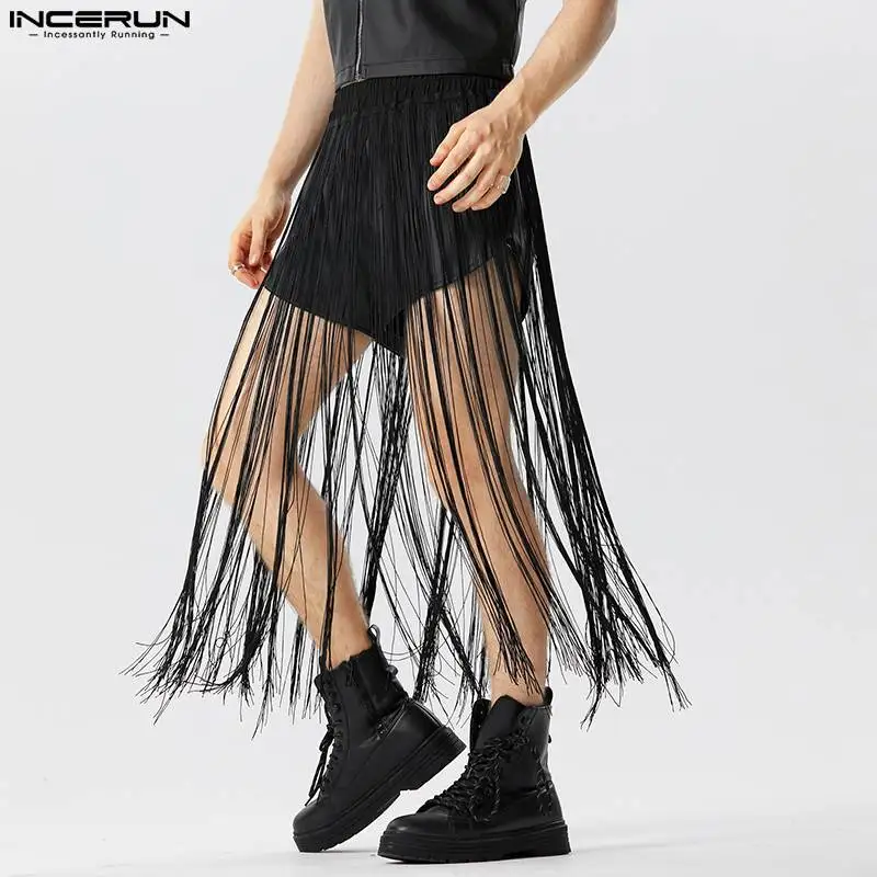 

INCERUN Men Shorts Tassel Patchwork Elastic Waist Personality Fashion Men Bottoms Streetwear Summer 2023 Party Irregular Shorts