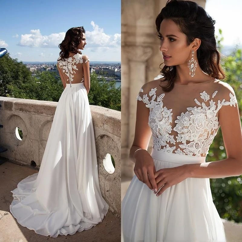 

Bridal Summer Dresses Illusion Bodice Beach Wedding Dress Cap Sleeve Country Wedding Dresses Lace Appliques Buttons Back Split