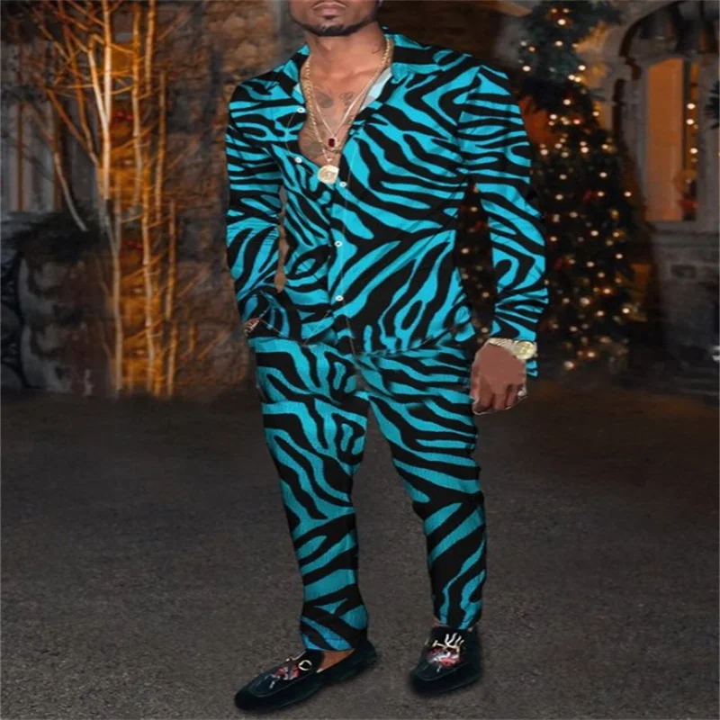 2022 autumn leisure plaid two-piece men's long sleeve lapel shirt suit pants suit fashion men's new suit men's walking suit