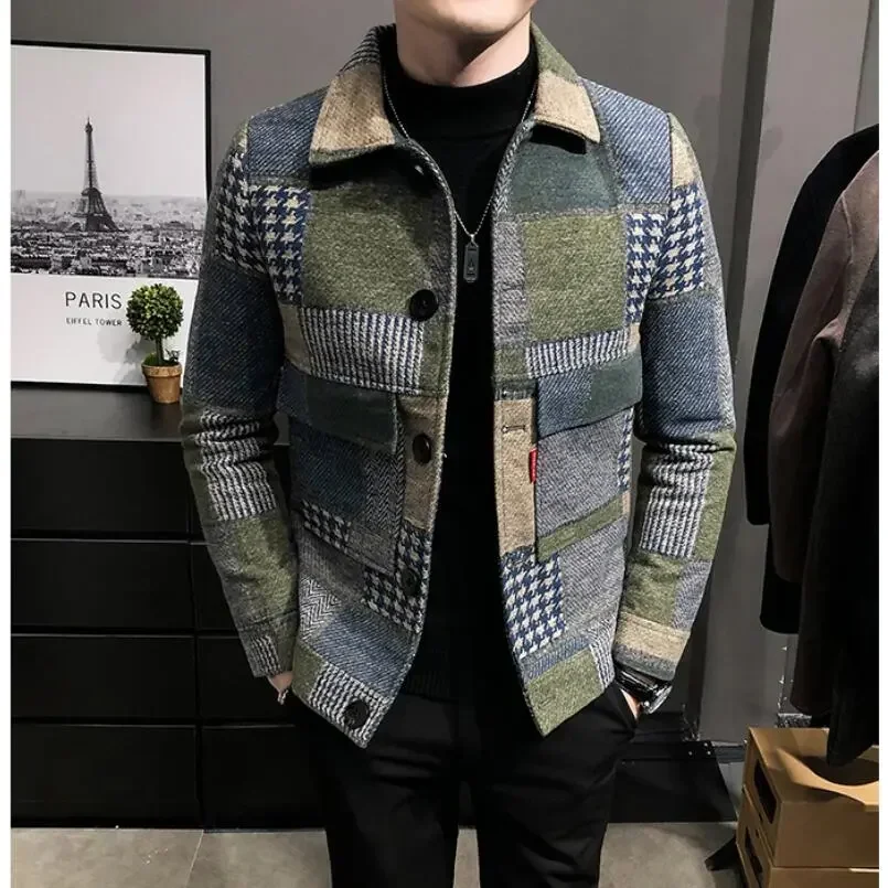 

Winter Men's Plaid Woolen Coat Korean Style Lapel Slim Short Jacket High Quality Male Fleece Warm Blazer Jacket