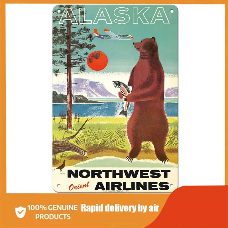 

Pacifica Island Art Alaska - Northwest Orient Airlines - Kodiak Alaskan Brown Grizzly Bear - Vintage Airline Travel Poster 1960s