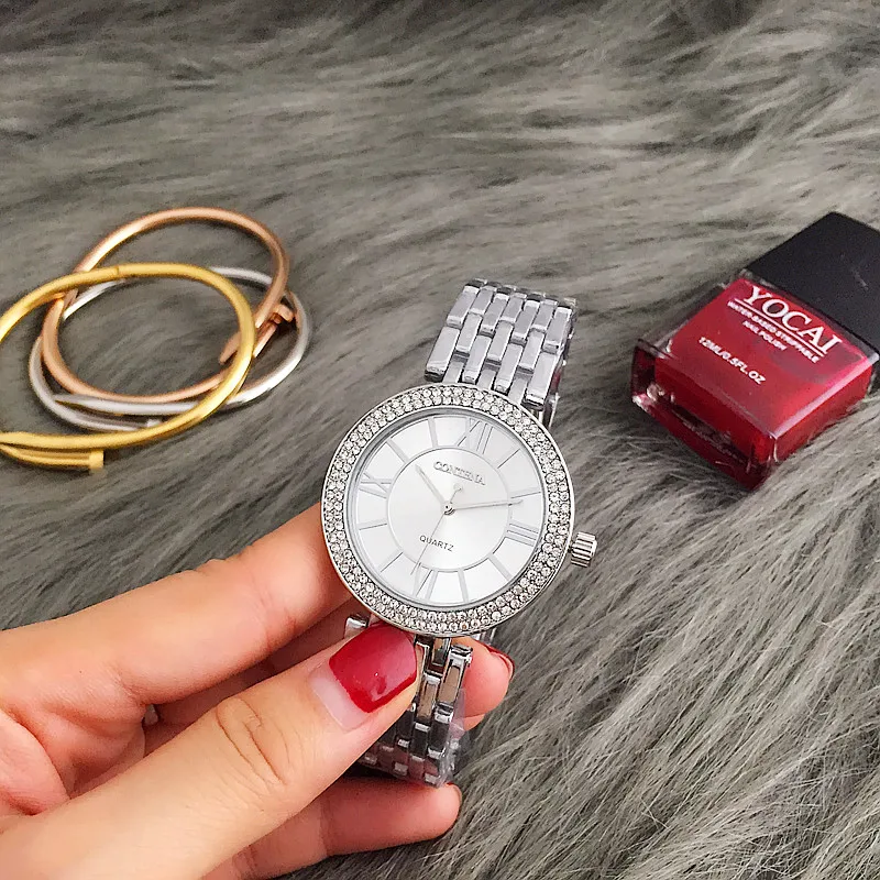 CONTENA-relojes de plata para mujer, de acero inoxidable, de lujo, con diamantes de imitación, femenino