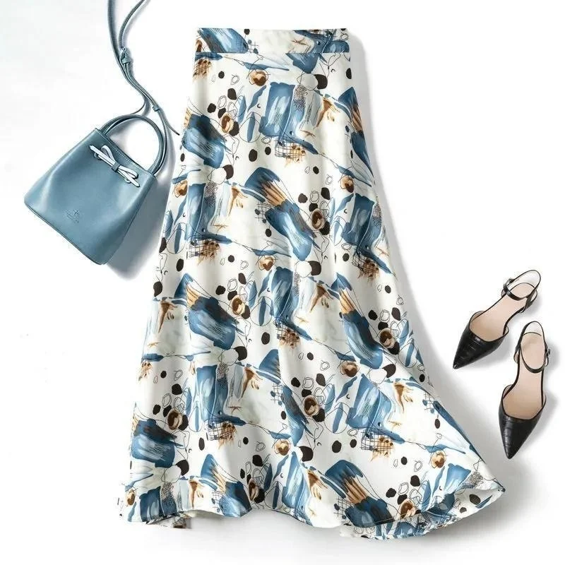 

2023 Skirt Summer Trend High Waist Slim Print Mid Length Over Knee A-Line Skirt Retro Color Skirt Ins Hot Sale skirts womens