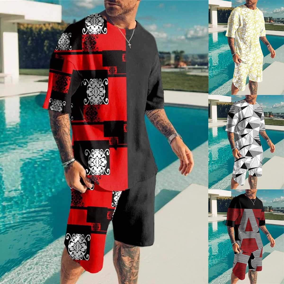 

Новинка 2022, Модный летний мужской комплект из 2 предметов, Повседневная футболка с коротким рукавом и 3d принтом + шорты, костюмы, мужской спор...