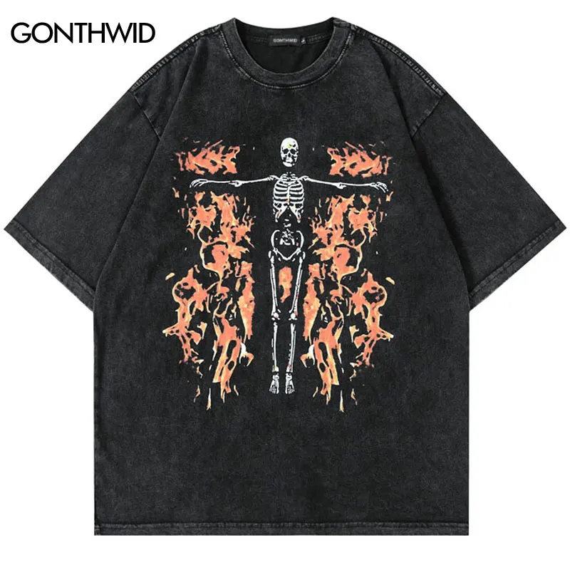 

Hip Hop Vintage T-Shirt Streetwear Skull Skeleton Flame Graphic Print Washed Tshirt Punk Gothic Tee Shirts Harajuku Fashion Tops