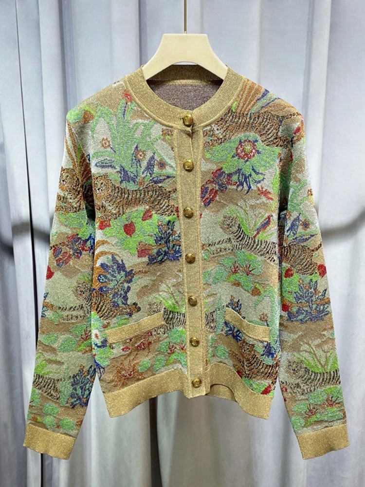 

High Quality Fashion Designer 2022 Spring Knitting Cardigan For Women Tiger Printed Single Breasted Runway Casual Top Sweater