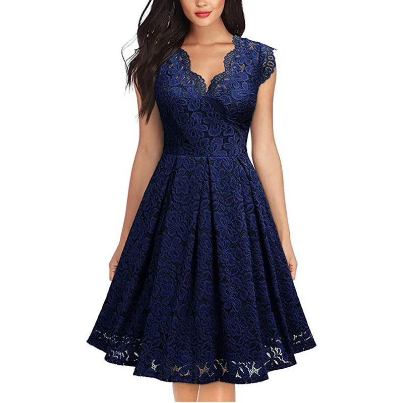 

Elegant Solid Color Lace Patchwork V-Neck Women Dress Temperament Sexy Sleeveless Lace Print Floral Slim A-Line Party Dress Lady