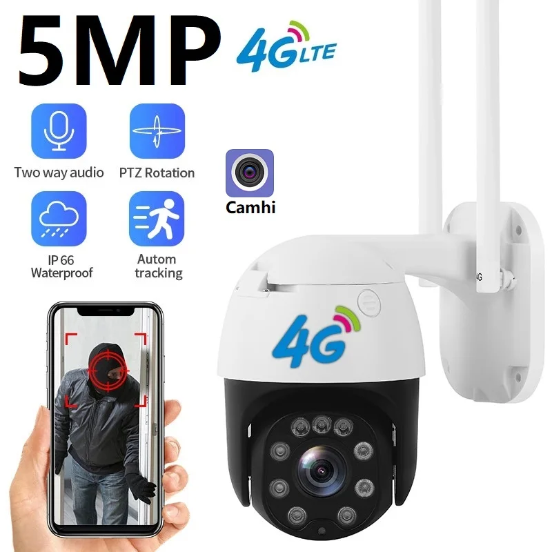 

5MP 4G Sim Card Camera Outdoor Video Surveillance Camera Security Protection Human Motion Tracking Security Camera IP66 Camhi