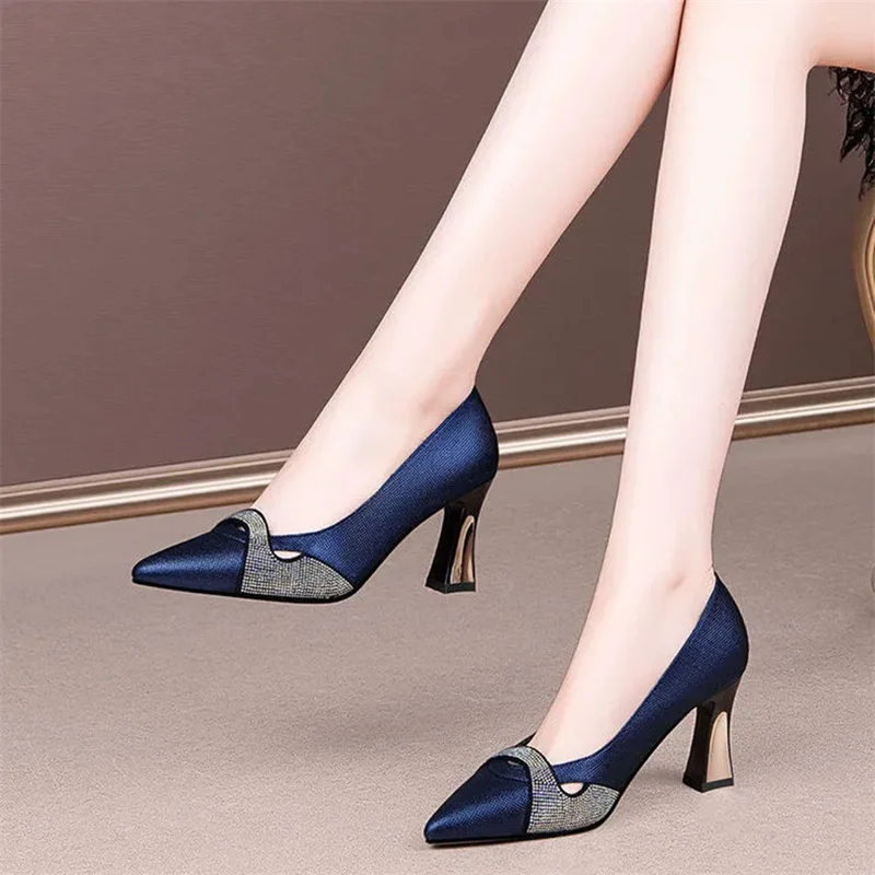 

Женские Классические блестящие туфли на высоком каблуке, темно-синие удобные стильные туфли-лодочки с кристаллами, весна-лето 2023