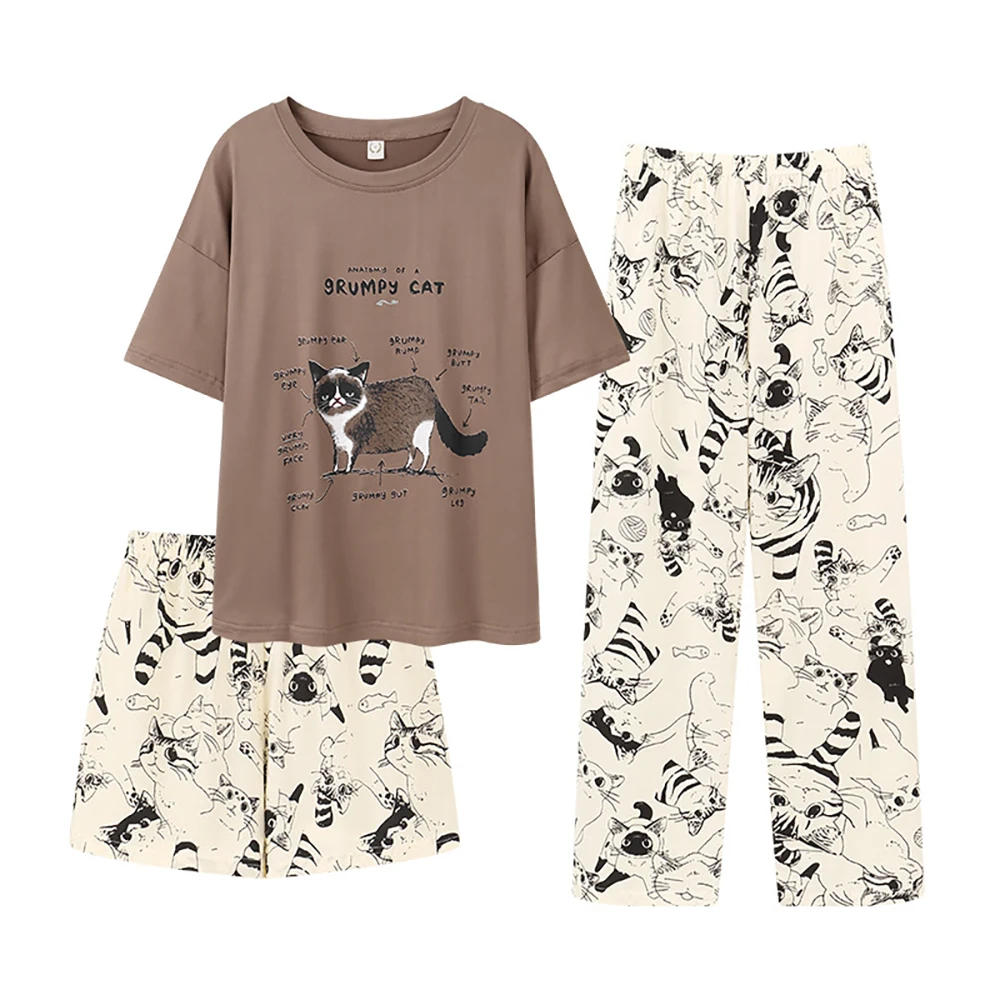 3pcs Sweet Cartoon Rabbit Casual Short Sleeve Elastic Plaid Shorts + Pajama Pants Sets Women's Summer Breathable Sleepwear Suit