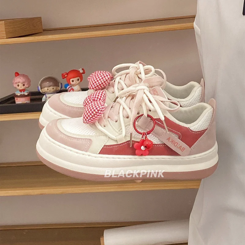 SHANPA Bow Pink Shoes New Summer 2023 Korean Fashion Versatile Mesh Breathable Casual Loose Original Design Zapatillas Mujer
