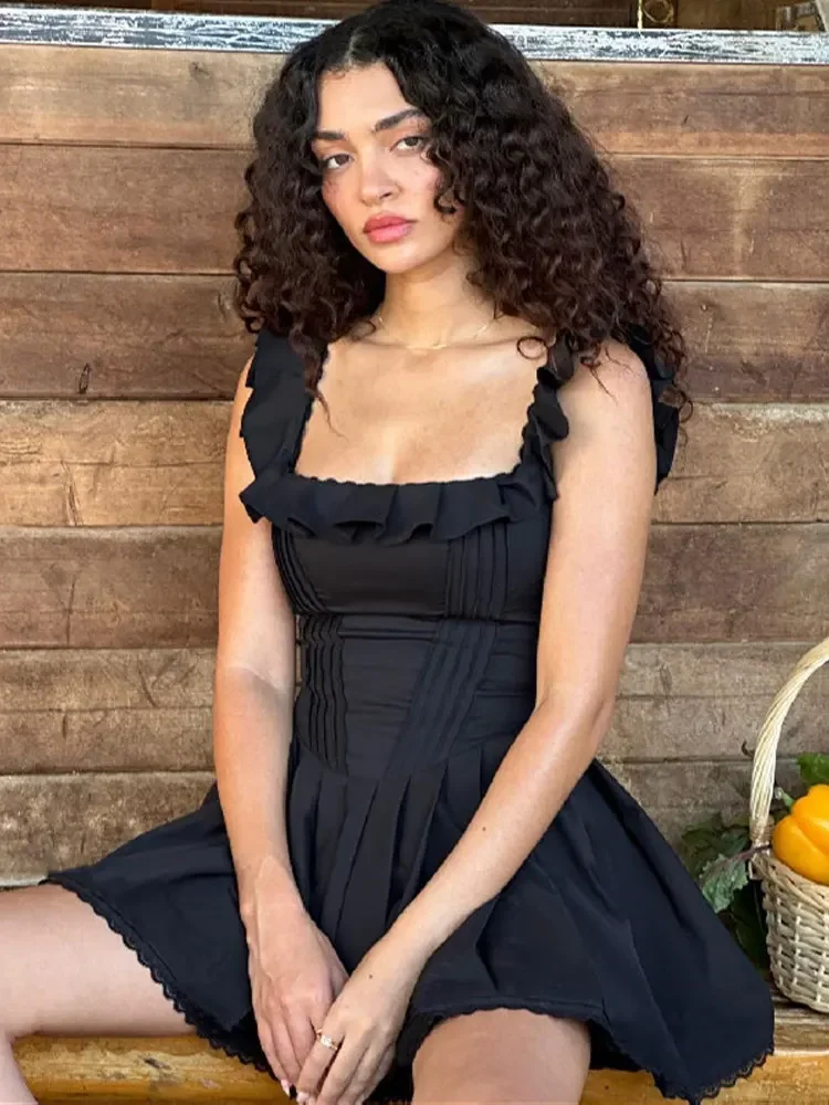 

Square Collar Fishbone Corset Dress Women Sleeveless Sheath A-line Dresses 2023 Summer Female Chic Streetwear Black vestidos