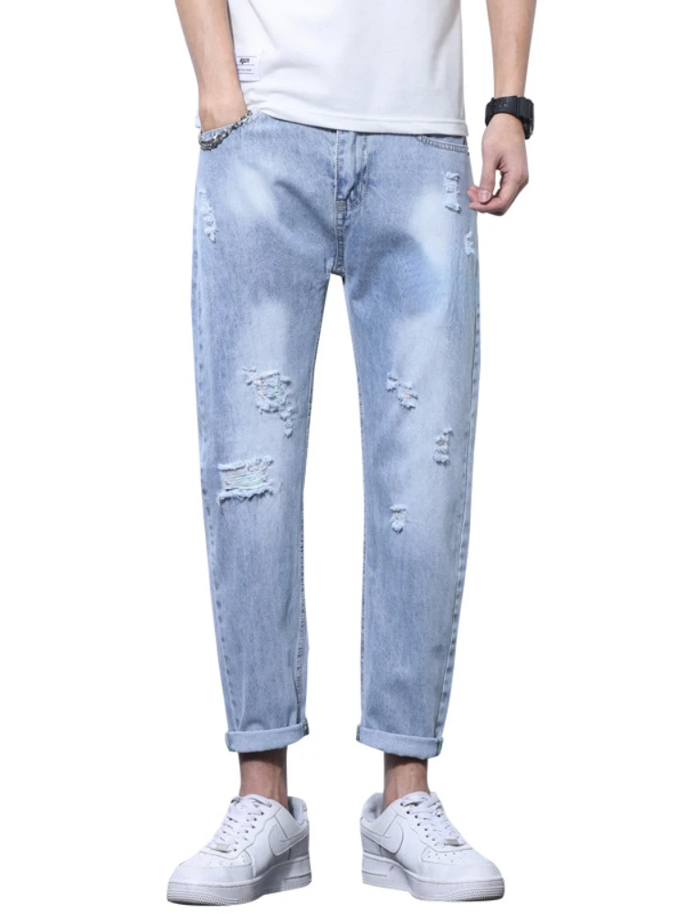 Jeans Personality Men's Ripped Pencil Pants Trend Tide Brand Casual Light Color Nine Points Pants Men's 2022 New Clothing