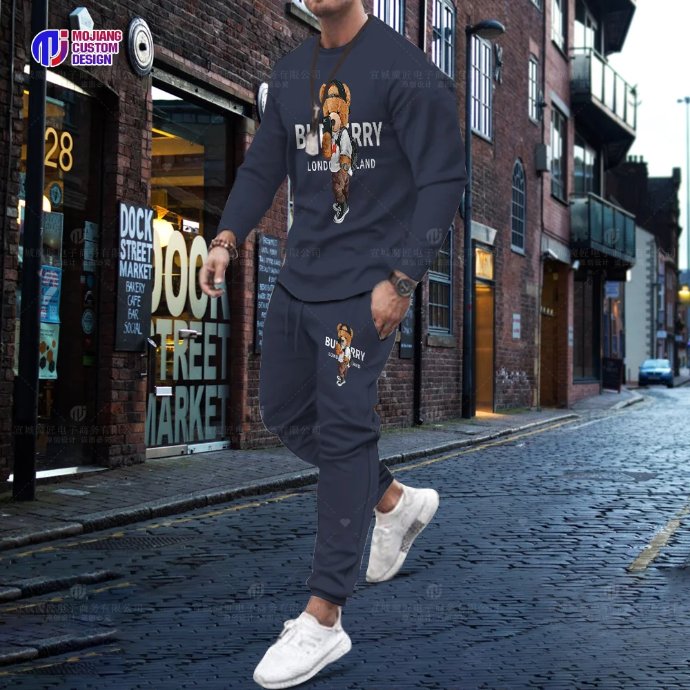 Hot Selling Korean Cotton Bear Long Sleeve T-Shirt Trousers Set Men Luxury 2 Piece Set Streetwear Summer Quality Sportswear