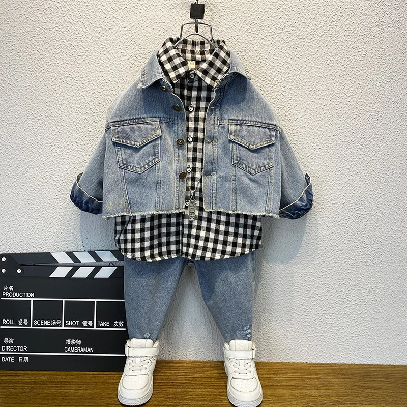 

Boys' Denim Suit 2022 Spring New Children'S Foreign Style Spring Boy Shirt Vest Three-Piece Suit Jazz Dance Rave Clothes DQS9939