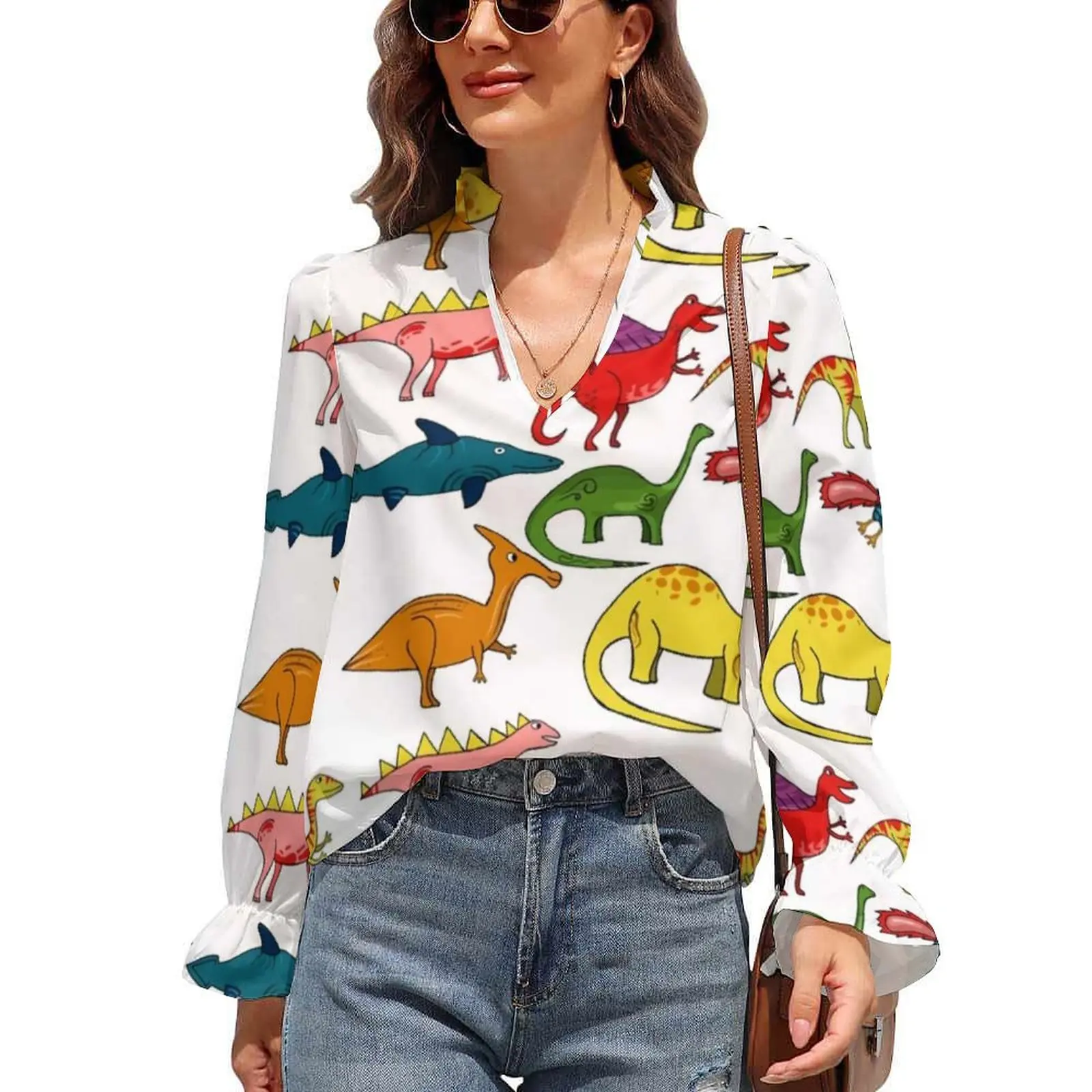 

Cartoon Dinosaurs Chiffon Blouse V Neck Dinosaur Pattern Collection Cute Blouses Puff Sleeve Casual Shirt Female Print Clothes