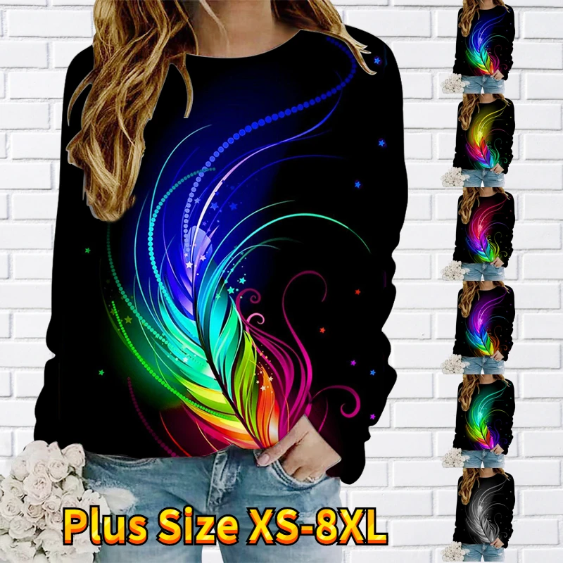 

Женская Винтажная футболка с длинным рукавом, элегантный пуловер с круглым вырезом и принтом перьев, Осень-зима 2022