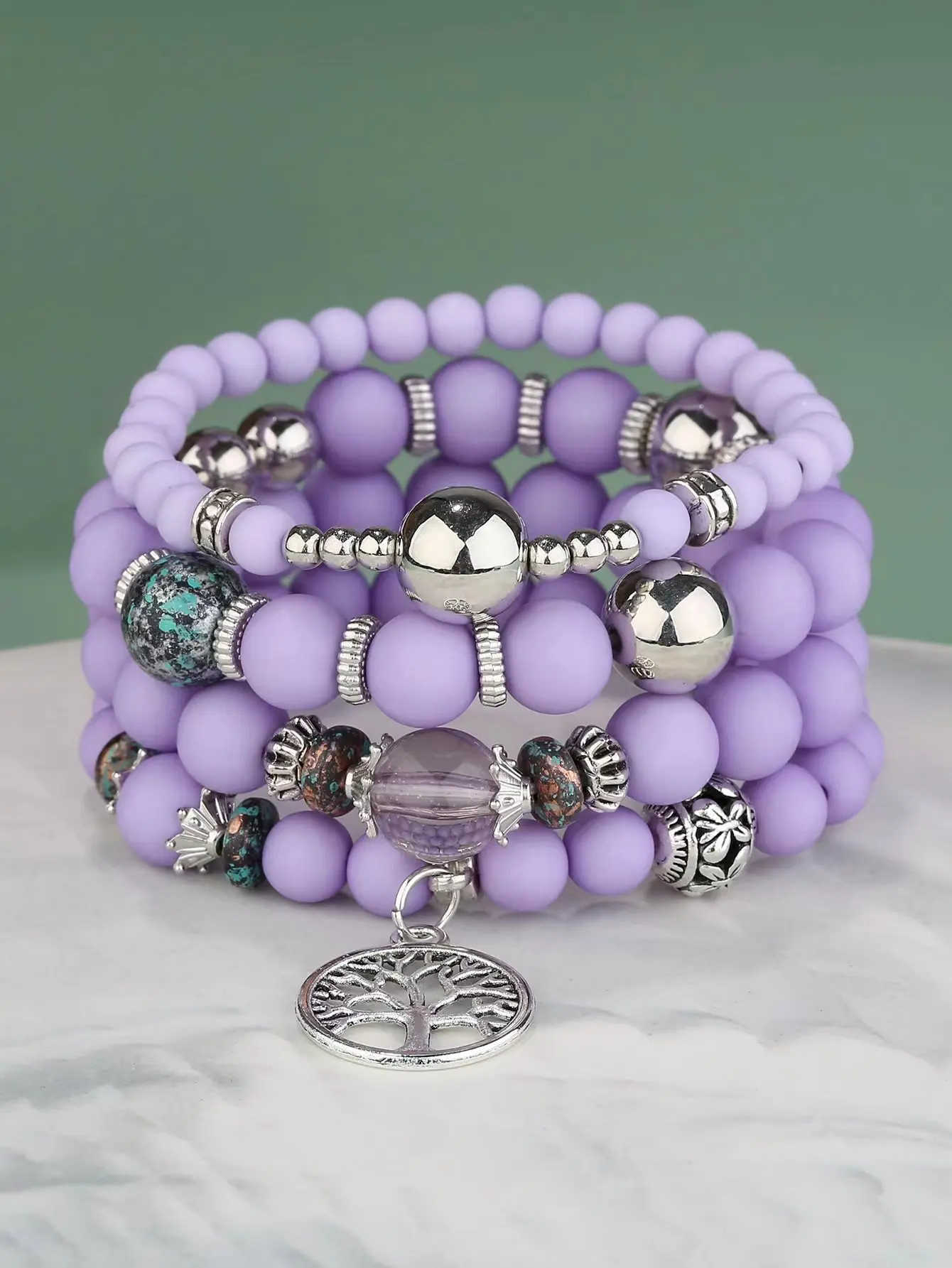 

Boho Purple Beadeds Bracelet Set for Women Silver Color Peace Tree Pendant Multilayer Charms Bracelet Bangle Jewelry Bransoletka