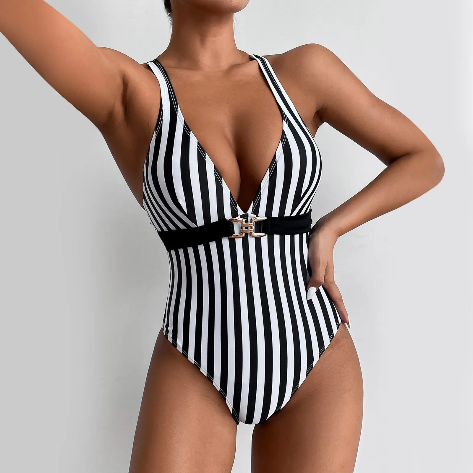 

Ladies Stiriped Print One Piece Swimsuit Women Bandage Sexy Deep V-neck Swimwear Beachwear Bathing Suit купальник женский#H