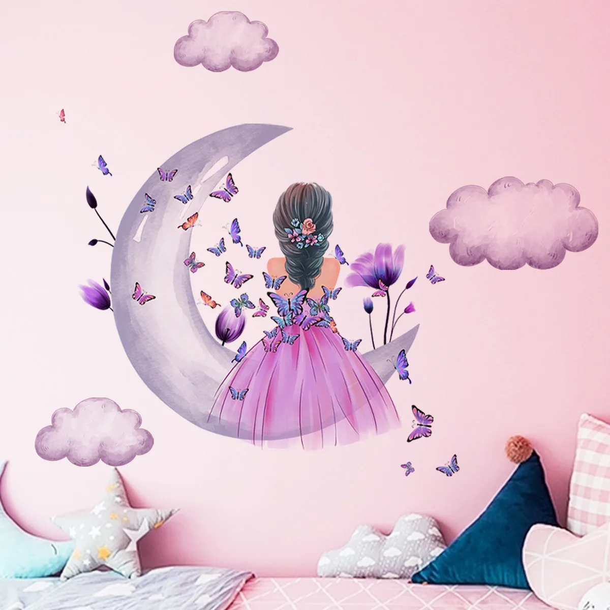 Butterfly Little Girl Gray Moon Clouds Wall Stickers Removable Vinyl Home Decor Living Room Bedroom