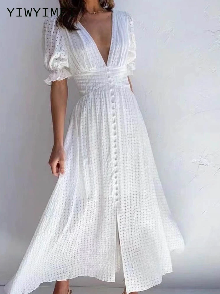 

2022 Summer Women White Embroidery Romantic Dress V Neck Short Sleeve Ladies Midi Dress Vestidos