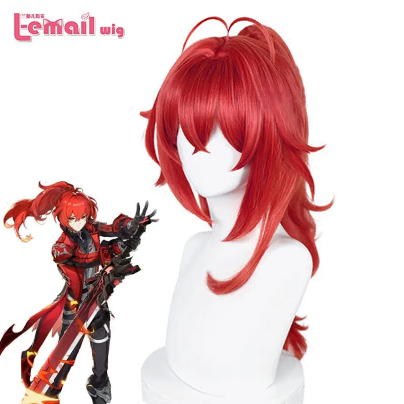 L-email Wig Synthetic Hair Genshin Impact Diluc Cosplay Wig Diluc 65cm Long High Ponytail Flame Red Wig Heat Resistant Wigs