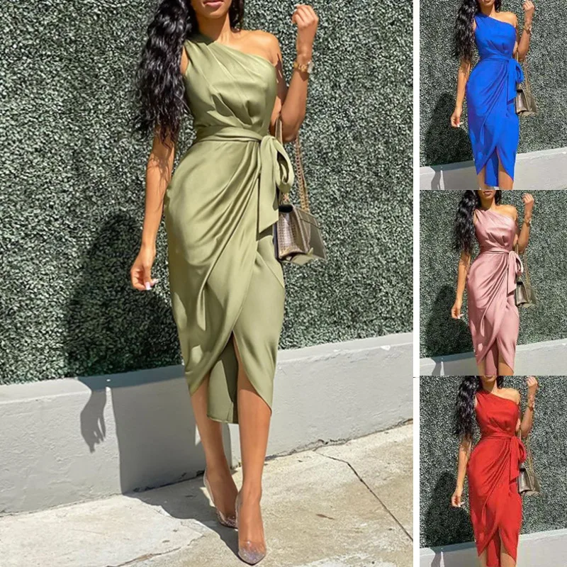 

2023 new diagonal shoulder dress Women's irregular lace up dress with belt