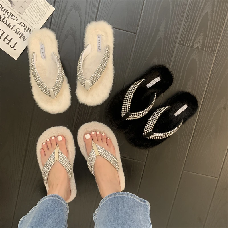 

Bailamos Rhinestone Belt Design Ladies Fur Slippers Round Toe Flat Furry Slippers Fashion Casual Outdoor Flip Flops Mujer Sandal