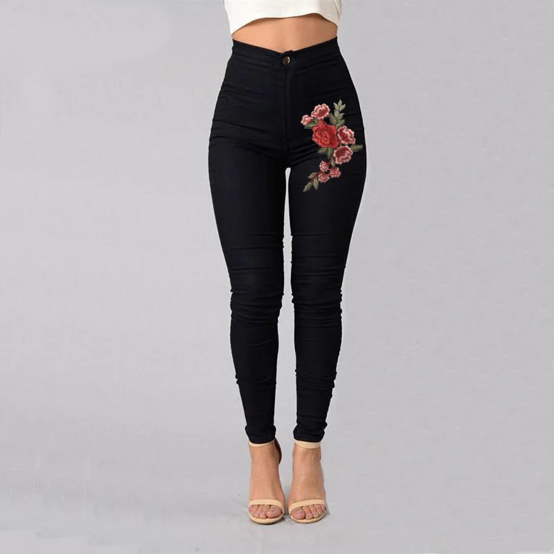 Spring Women Stretch Fabric High Waist Skinny Embroidery Pants Without Ripped Woman Floral Pencil Pants Trousers Big Size