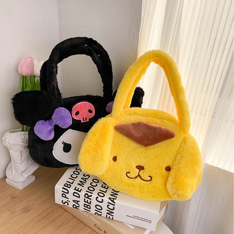 

Sanrio Kuromi Pom Pom Purin Cute Plush Handbags Kawaii Fluffy Soft Stuffed Toy Backpack Single Shoulder Bag Kid Christmas Gifts