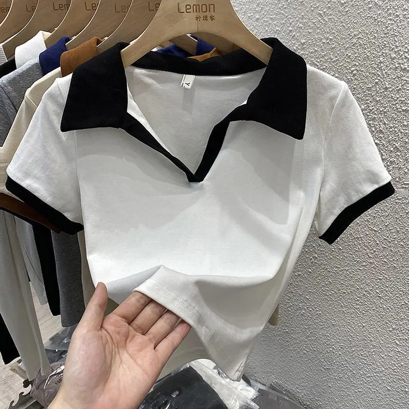 

Summer Women T Shirt Solid Slim Fitting T-shirt Tops Korean Fashion Office V Neck Short Sleeve Women's T-shirts Summer 2023