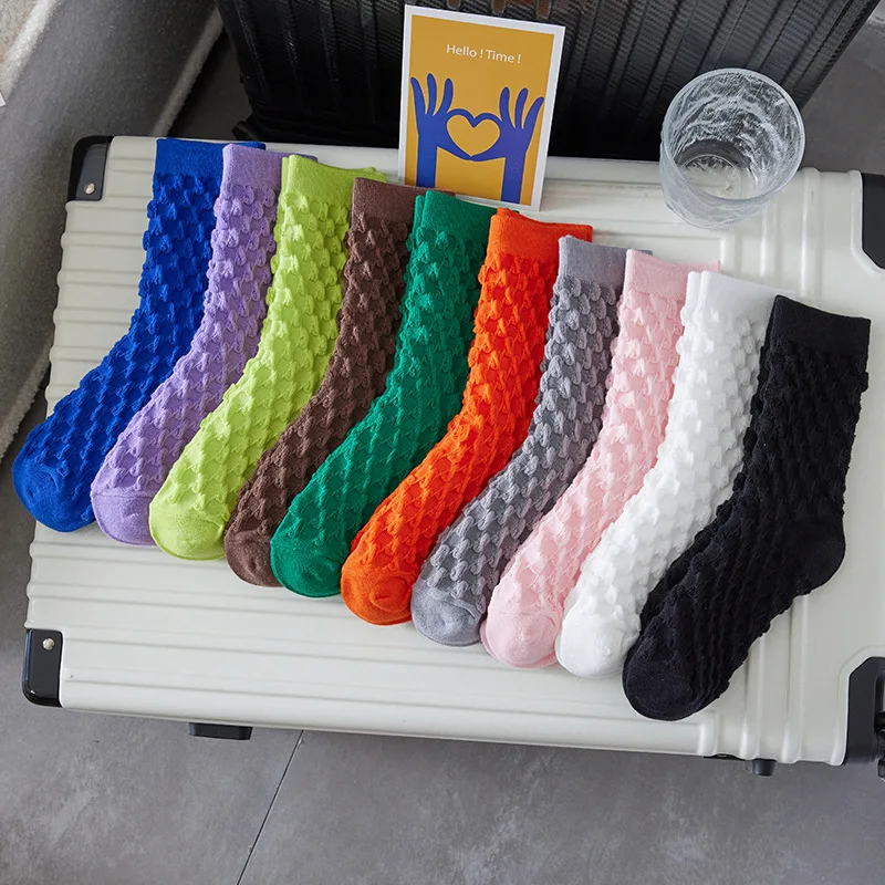 Socks Women's Mid-Calf Cotton Color Bubble Socks 10 Pairs Retro Personality Solid Color Fashion Women's Socks