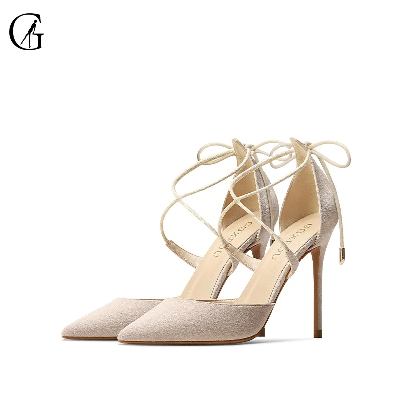 

GOXEOU Women's Pumps Flock Nude Black Red Lace Up Bow Pointed Toe High Heels Party Sexy Fashion Office Lady Shoes Size 32-46