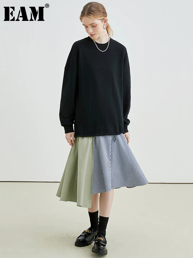 

[EAM] Women Black Hem Striped Big Size Long Dress New Round Neck Long Sleeve Loose Fit Fashion Tide Spring Autumn 2022 1DE4667