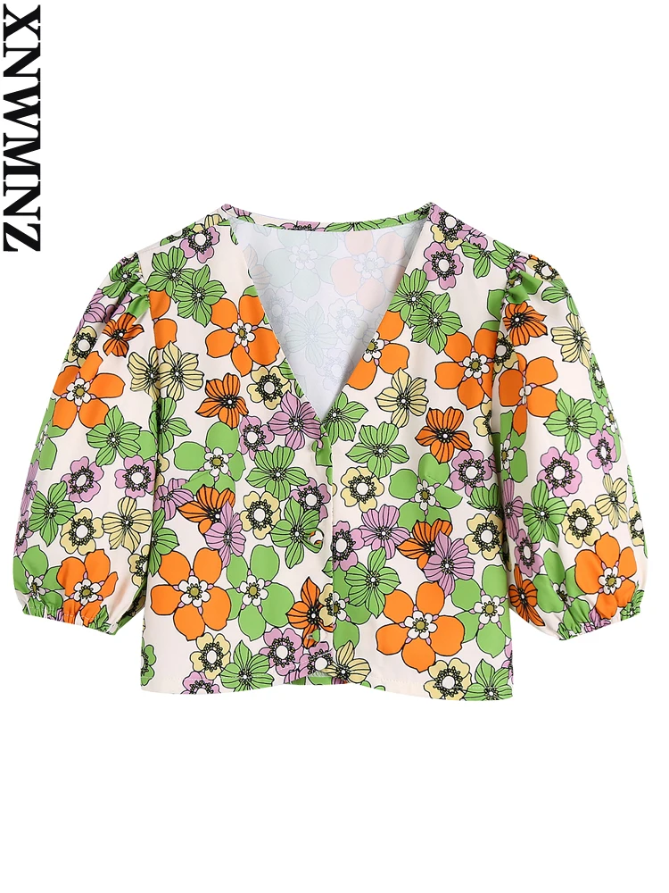 

XNWMNZ 2022 Summer Ladies Fashion Flower Print Top Boho Puff Sleeve V-Neck Top Women Chic Top