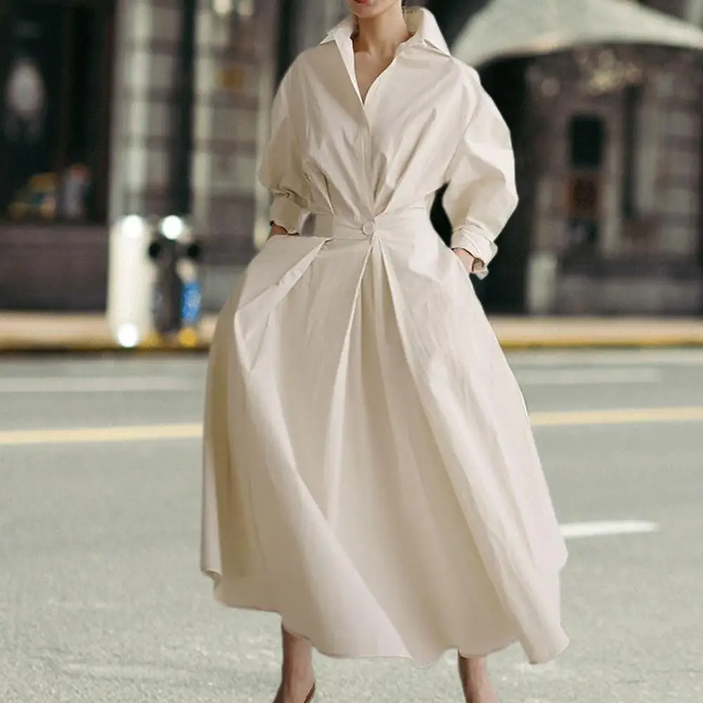 

Long Dress Youthful Shirt Dress Soft Texture Elegant Amazing Buttons Up Pure Color Casual Dress