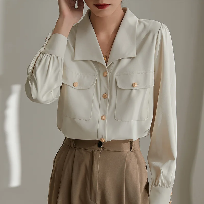 

Shirt Female Spring and Autumn New French Temperament Design Sense of Minority Hong Kong Flavor Retro Double Pocket Long Sleeve