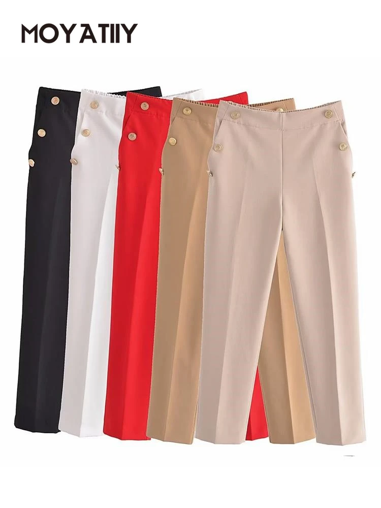 

MOYATIIY 2022 Fashion Female Solid Suit Pants Trousers for Women Pockets Office Lady Elegant Pants Candy Color Bottoms
