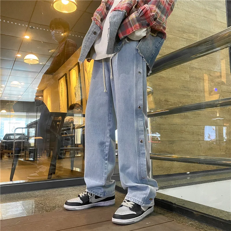 Brand Men's Side Row Solid Color Embroidery Jeans Straight-leg Pants Loose Wide-leg Jeans Trendy Street Men's джинсы для мужчин