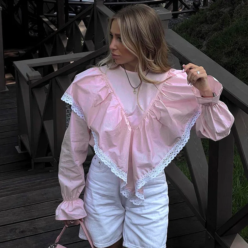 

New Long Sleeve Lace Patchwork Shirt Autumn Women Long Flare Sleeve Top Girl Aesthetic O-neck Solid Slim T-shirt Y2k Ruffles Top