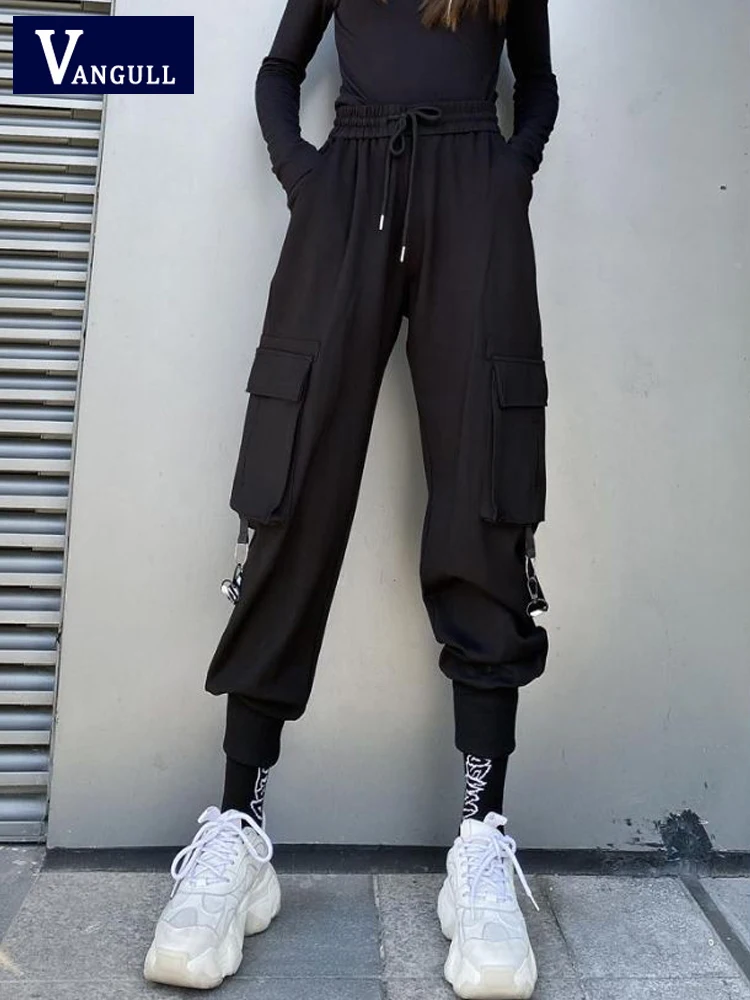 

Vangull Summer New Black Cargo Pants Women High Waist Thin Drawstring Pencil Pants Female Solid Loose Pocket Simple Trousers