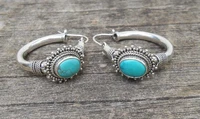 vintage metal hand engraved pattern earrings set with green stone hoop hook earrings for women
