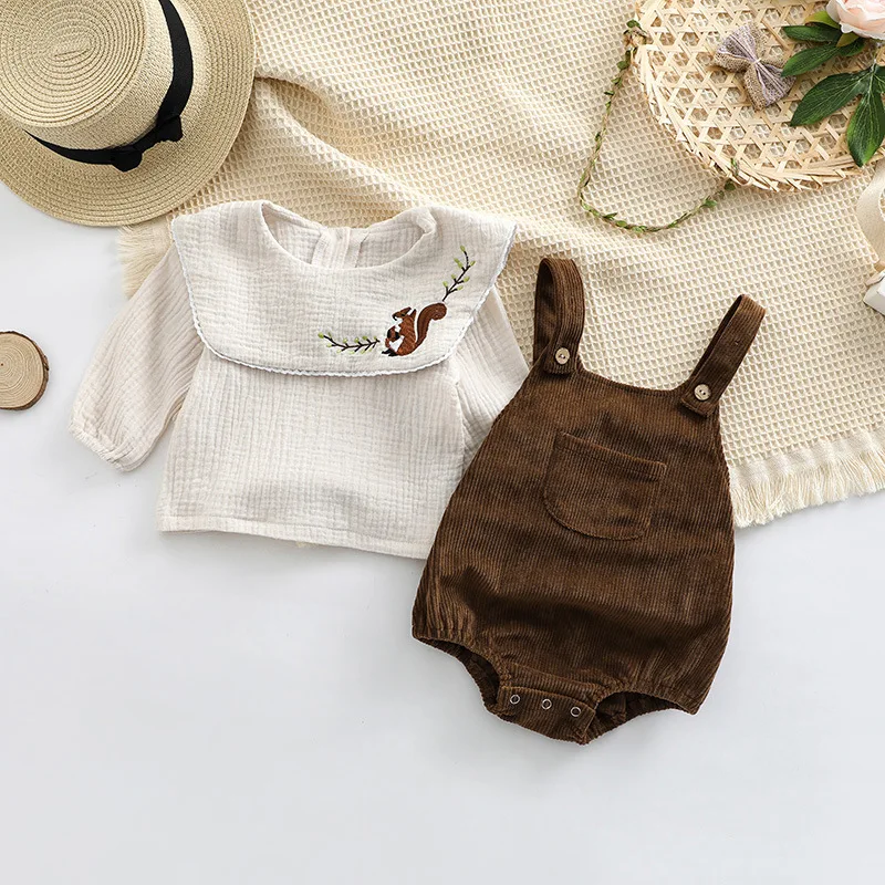 RiniKinda Autumn Baby Boys Girls Clothes Set Baby Embroidered Bodysuit And Toddler Corduroy Overalls Jumpsuit Infant Outfits