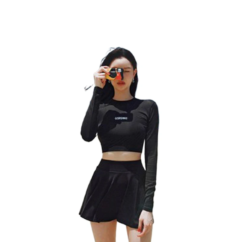

Black Women Clothing Swimsuit Sexy Lingerie Set Ladies Split Short Skirt Long Sleeved Korean Bikini Hot Spring Swimwear Dress