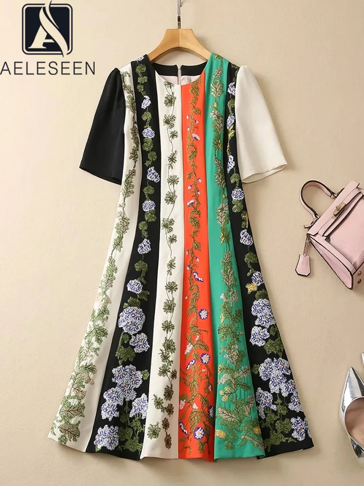 

AELESEEN высококачественное женское летнее платье с коротким рукавом и цветочной вышивкой, разноцветное элегантное мини-вечерние в полоску для праздника