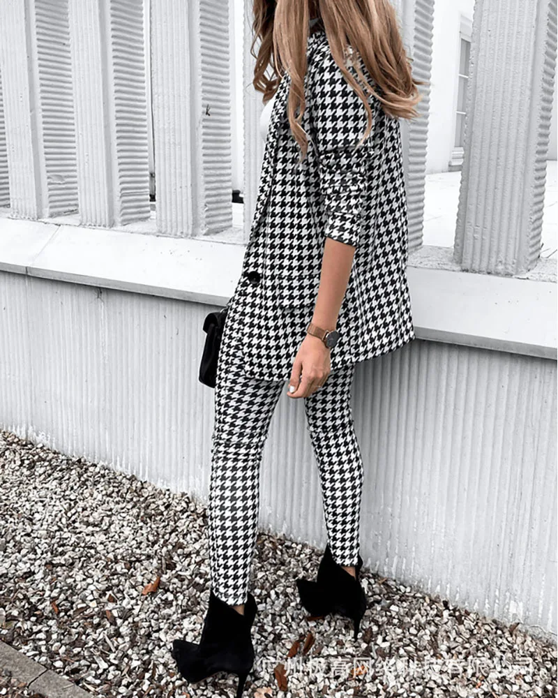 

2pcs Clothes Set Women Houndstooth Printed Slim Fit Business Suit Trousers Blazer Full Sleeve High Waist Pants Spring Autumn