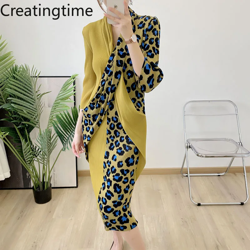 

Creatingtime V-neck Three Quarter Sleeve Leopard print Pleated patchwork Loose Dress 2023 Spring Summer New Fashion Women LH263