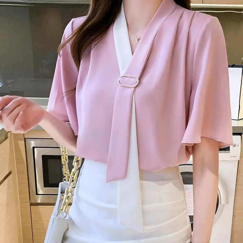 

Chiffon Shirt Women Summer 2022 New Fashion Tie V Neck Casual Loose Office Work Short Sleeve Top Elegant Blouse