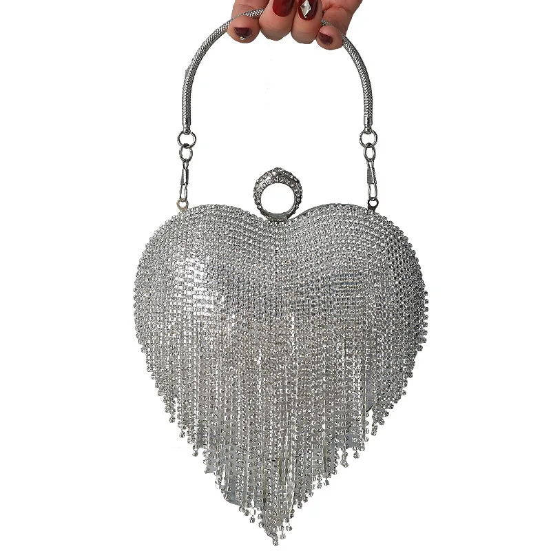 

Luxury Designer Rhinestone Tassel Heart Clutch Bags Diamond Evening Handbags Shoulder Bag For Women Girl Party Purse Gifts
