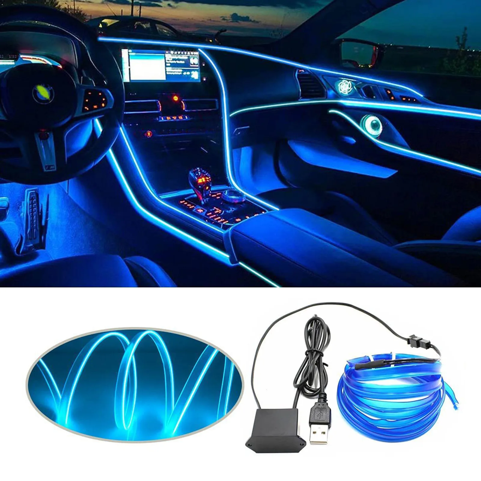 

5M/16FT USB Neon LED Light 12V Car Interior Lighting Strips Glowing Electroluminescent Wire/El Wire For Automotive Cosplay